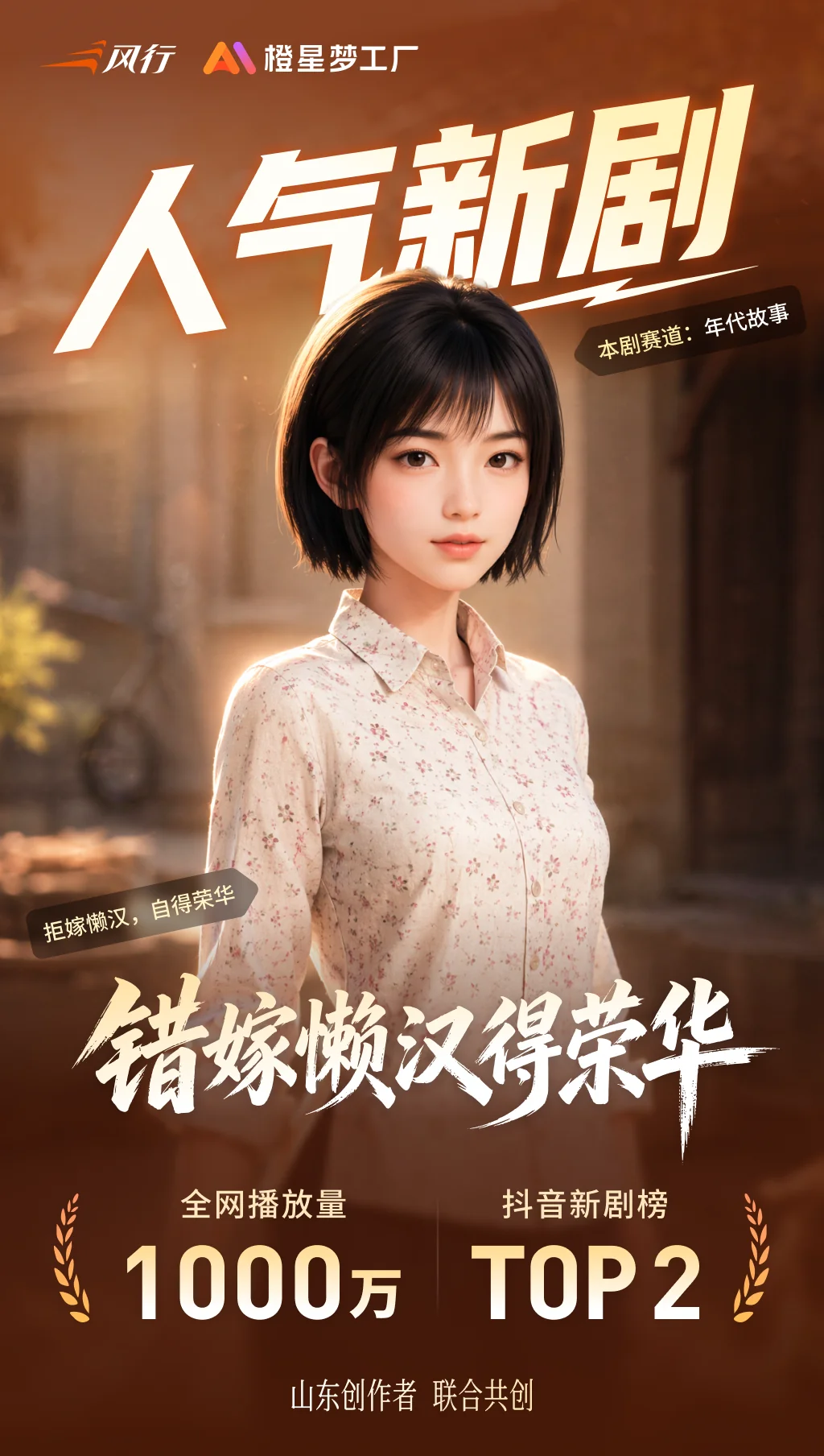 风行出品的AI漫剧《错嫁老汉得荣光》全网播放量1000万，进入抖音新剧榜TOP2